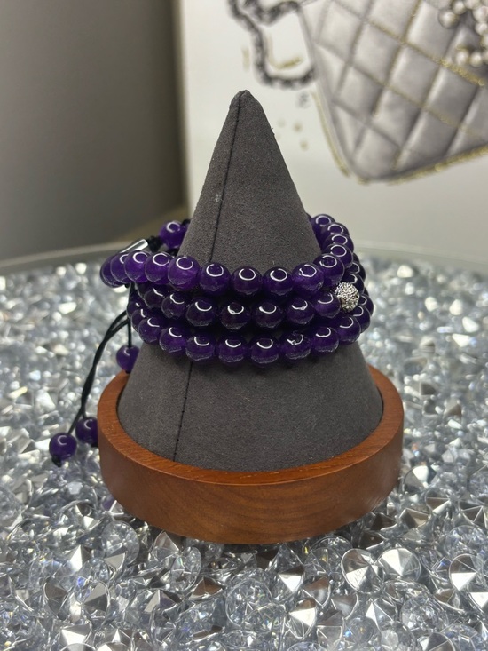 Purple Beaded Stretch Bracelet Stack with Pave Accent - Picture 8 of 8
